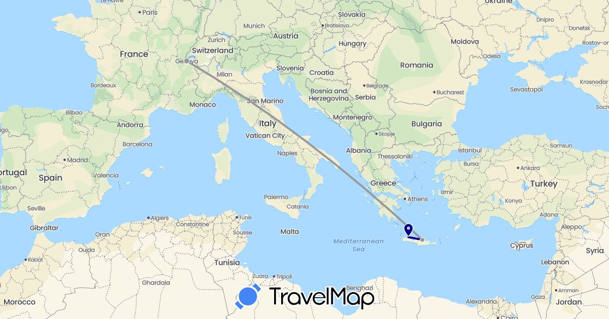 TravelMap itinerary: driving, plane in Switzerland, Greece (Europe)